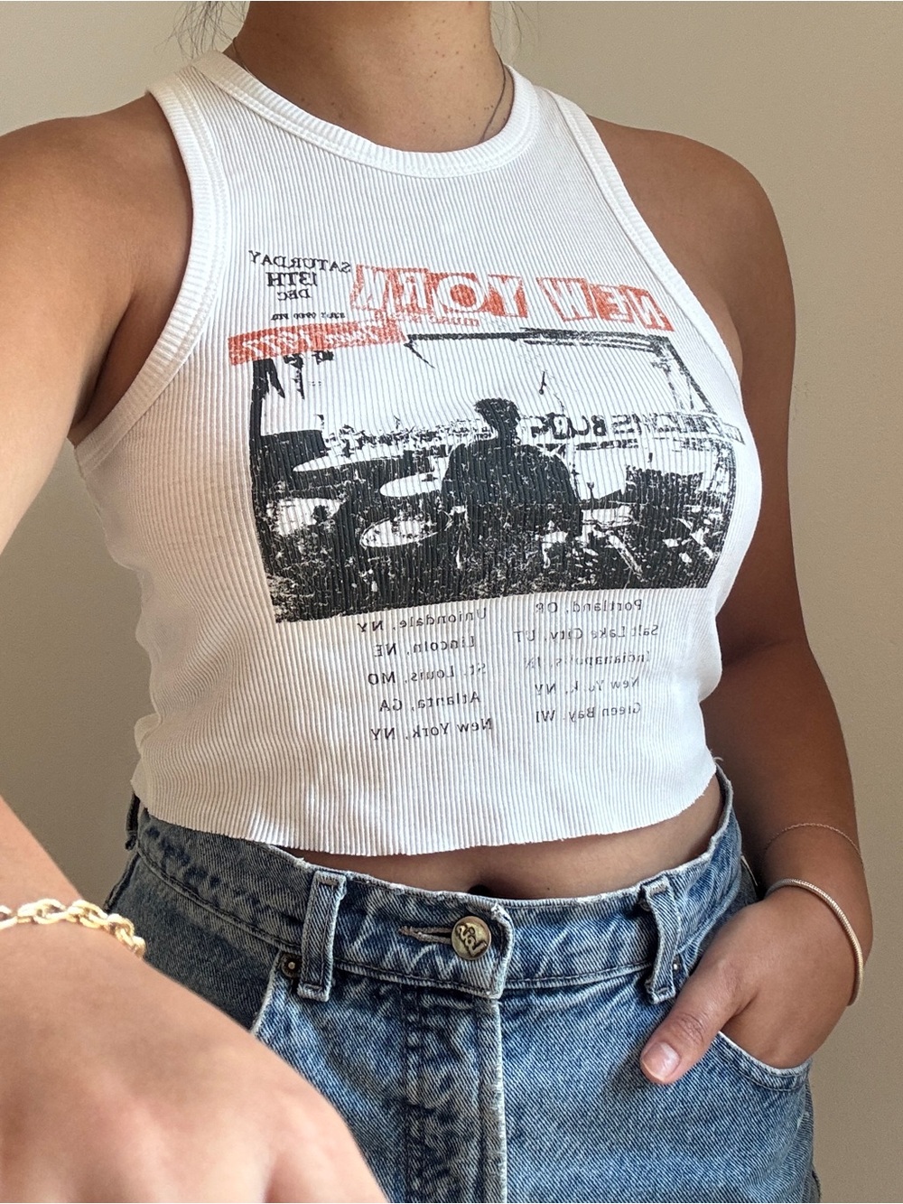 GARAGE White Ribbed Graphic Crop Tank with Red & Black Print